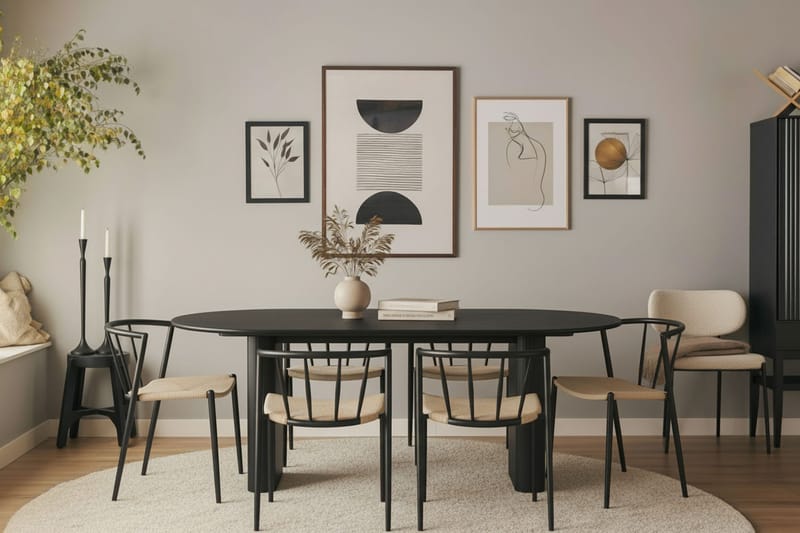 Noira Ovalt Matbord 220 cm med 6 Winston Matstolar - Sort / Beige / Metalben Sort - Møbler - Borde - Spisebordssæt