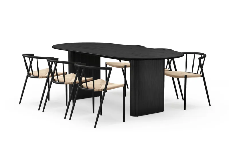 Noira Ovalt Matbord 220 cm med 6 Winston Matstolar, Sort / Beige / Metalben Sort