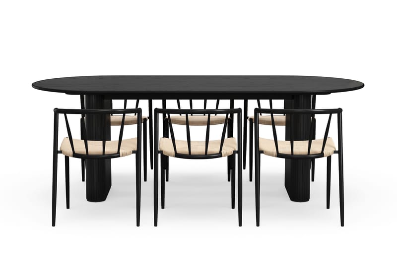 Noira Ovalt Matbord 220 cm med 6 Winston Matstolar - Sort / Beige / Metalben Sort - Møbler - Borde - Spisebordssæt