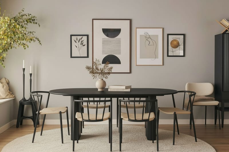 Noira Ovalt Matbord 220 cm med 6 Winston Matstolar - Sort / Beige / Metalben Sort - Møbler - Borde - Spisebordssæt