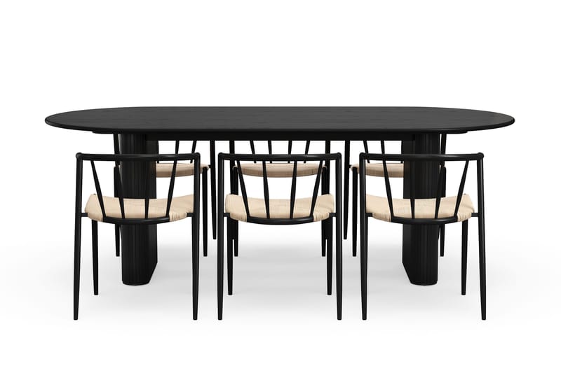 Noira Ovalt Matbord 220 cm med 6 Winston Matstolar - Sort / Beige / Metalben Sort - Møbler - Borde - Spisebordssæt