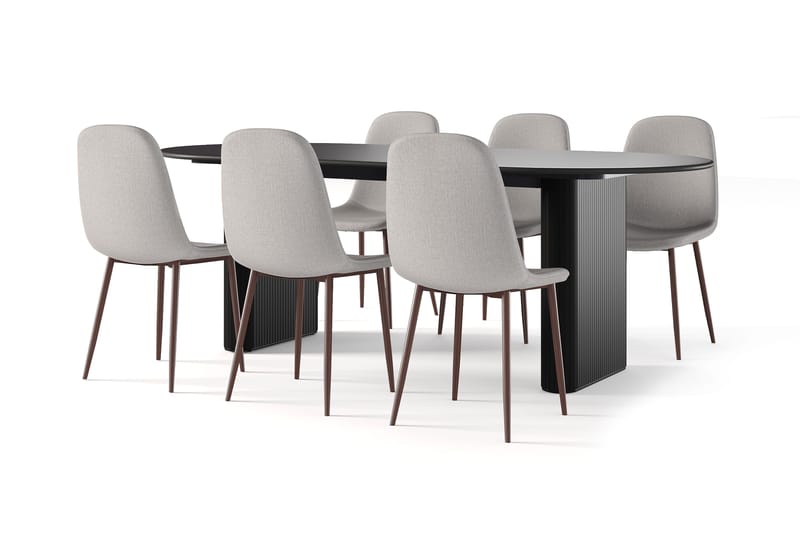 Noira Ovalt Matbord 220 cm Svart +  6 st Nibe stol beige med valnöt ben, Sort/Beige
