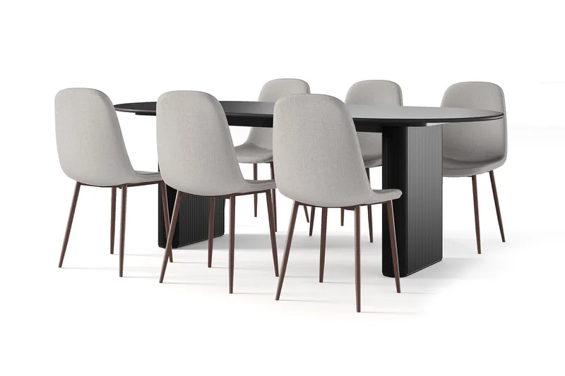 Noira Ovalt Matbord 220 cm Svart +  6 st Nibe stol beige med valnöt ben, Sort/Beige