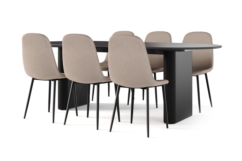 Noira Ovalt Matbord 220 cm Svart +  6 st Nibe stol brun med svarta ben, Sort/Brun