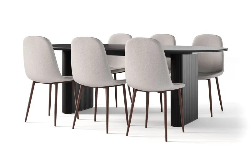 Noira Ovalt Matbord 220 cm Svart +  6 st Nibe stol grå med valnöt ben, Sort/Grå