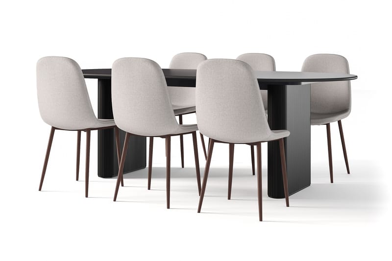 Noira Ovalt Matbord 220 cm Svart +  6 st Nibe stol grå med valnöt ben, Sort/Grå