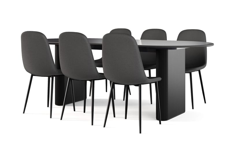 Noira Ovalt Matbord 220 cm Svart +  6 st Nibe stol svart med svarta ben, Sort