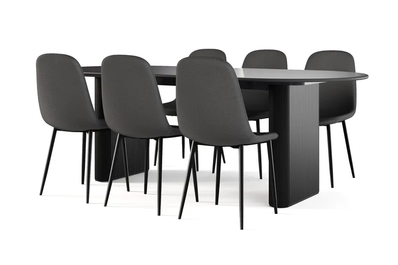 Noira Ovalt Matbord 220 cm Svart +  6 st Nibe stol svart med svarta ben, Sort