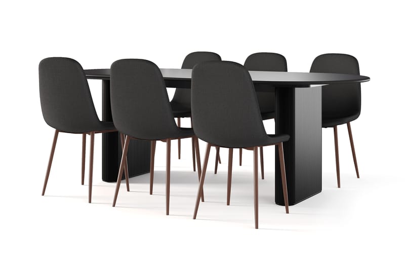 Noira Ovalt Matbord 220 cm Svart +  6 st Nibe stol svart med valnöt ben, Sort