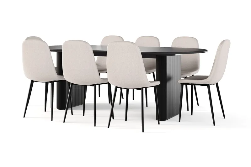 Noira Ovalt Matbord 220 cm Svart +  8 st Nibe stol beige med svarta ben, Sort/Beige