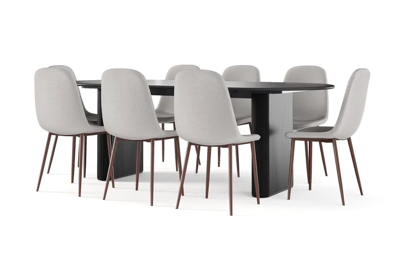 Noira Ovalt Matbord 220 cm Svart +  8 st Nibe stol beige med valnöt ben, Sort/Beige
