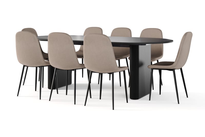 Noira Ovalt Matbord 220 cm Svart +  8 st Nibe stol brun med svarta ben, Sort/Brun