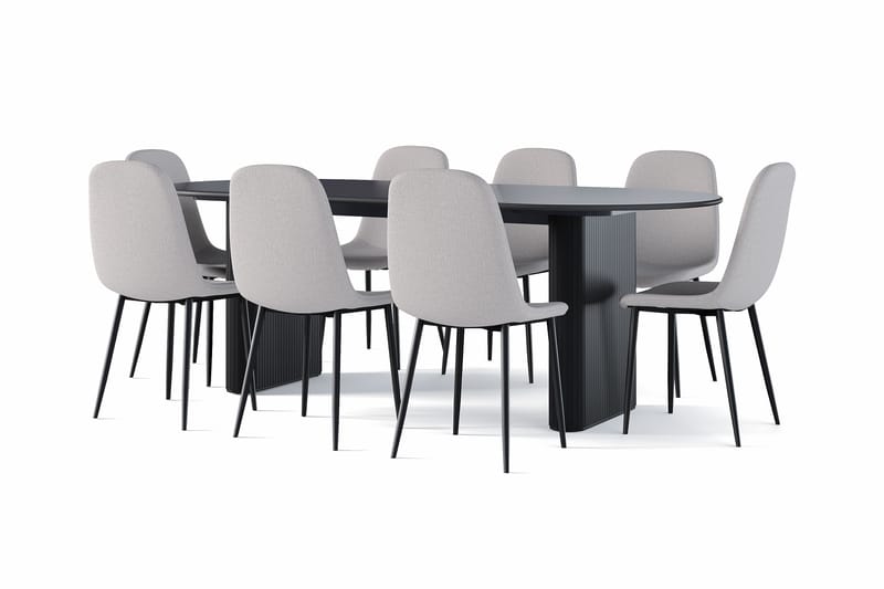 Noira Ovalt Matbord 220 cm Svart +  8 st Nibe stol grå med svarta ben, Sort/Grå
