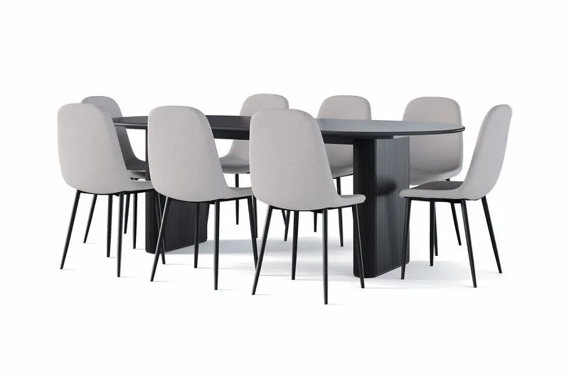 Noira Ovalt Matbord 220 cm Svart +  8 st Nibe stol grå med svarta ben, Sort/Grå
