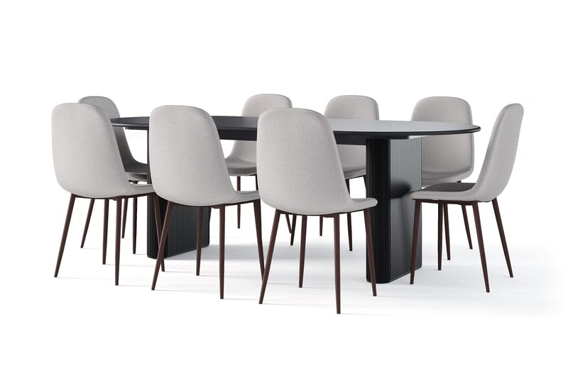 Noira Ovalt Matbord 220 cm Svart +  8 st Nibe stol grå med valnöt ben, Sort/Grå