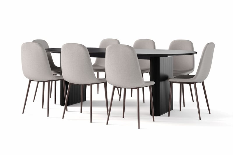 Noira Ovalt Matbord 220 cm Svart +  8 st Nibe stol grå med valnöt ben - Sort/Grå - Møbler - Borde - Spisebordssæt