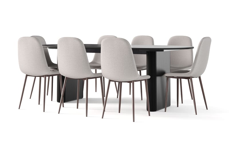 Noira Ovalt Matbord 220 cm Svart +  8 st Nibe stol grå med valnöt ben - Sort/Grå - Møbler - Borde - Spisebordssæt