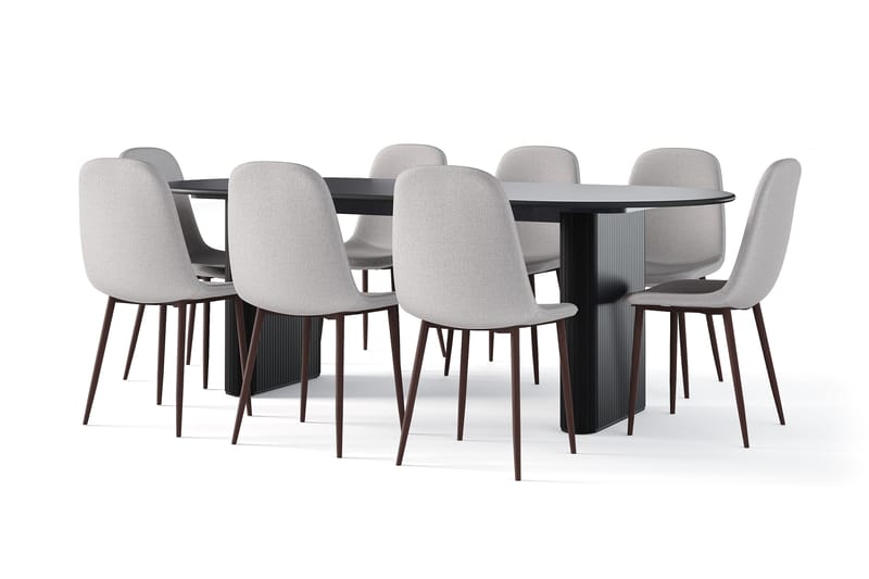 Noira Ovalt Matbord 220 cm Svart +  8 st Nibe stol grå med valnöt ben, Sort/Grå