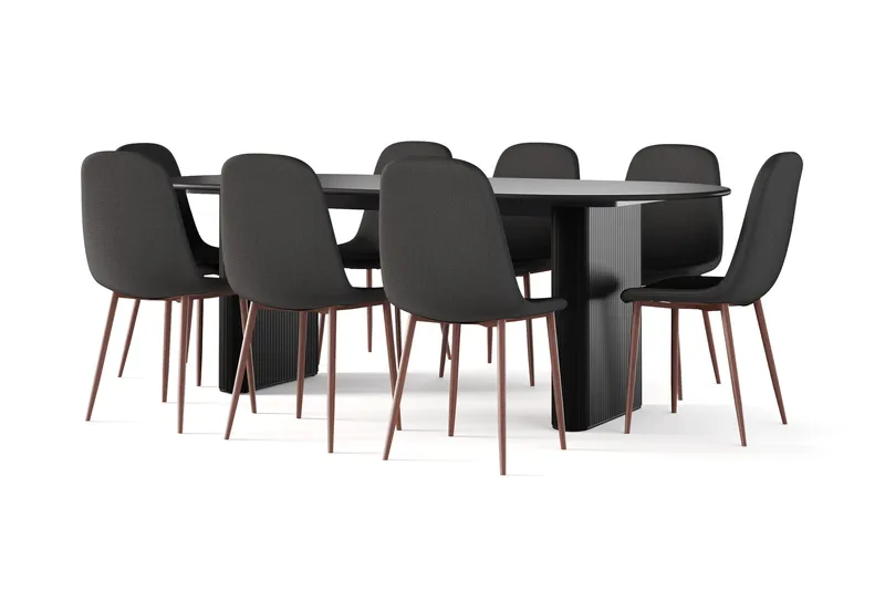 Noira Ovalt Matbord 220 cm Svart +  8 st Nibe stol svart med valnöt ben - Sort - Møbler - Borde - Spisebordssæt