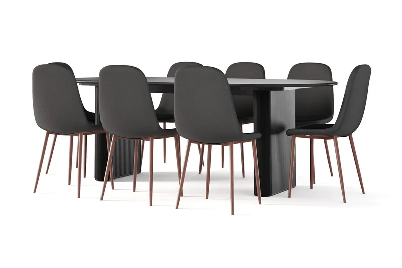 Noira Ovalt Matbord 220 cm Svart +  8 st Nibe stol svart med valnöt ben - Sort - Møbler - Borde - Spisebordssæt