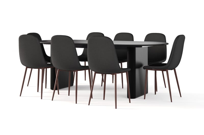 Noira Ovalt Matbord 220 cm Svart +  8 st Nibe stol svart med valnöt ben, Sort