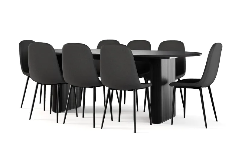 Noira Ovalt Matbord 220 cm Svart +  8 st Nibe stol svart med svarta ben, Sort