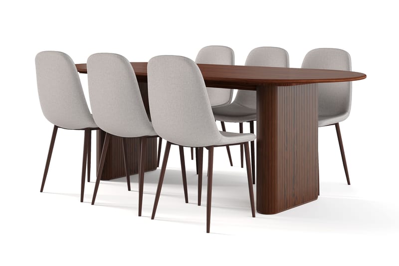 Noira Ovalt Matbord 220 cm Valnöt +  6 st Nibe stol grå med valn öt ben, Brun/Grå