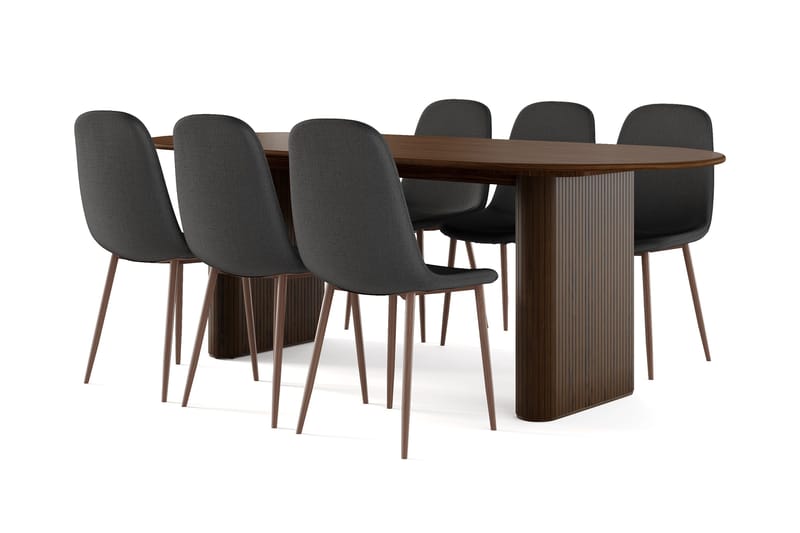 Noira Ovalt Matbord 220 cm Valnöt +  6 st Nibe stol svart med valnöt ben, Brun/Sort