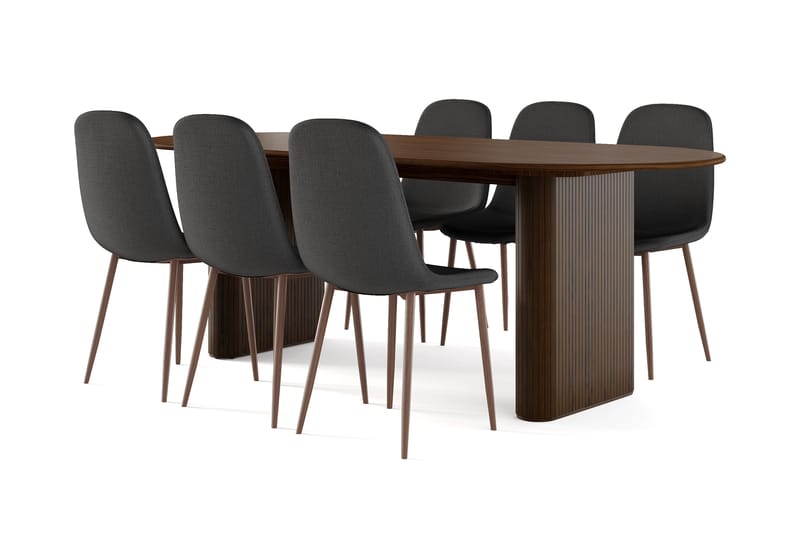 Noira Ovalt Matbord 220 cm Valnöt +  6 st Nibe stol svart med valnöt ben, Brun/Sort