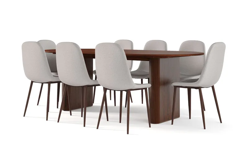 Noira Ovalt Matbord 220 cm Valnöt +  8 st Nibe stol grå med valnöt ben - Brun/Grå - Møbler - Borde - Spisebordssæt