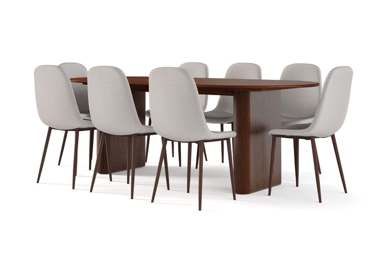 Noira Ovalt Matbord 220 cm Valnöt +  8 st Nibe stol grå med valnöt ben, Brun/Grå