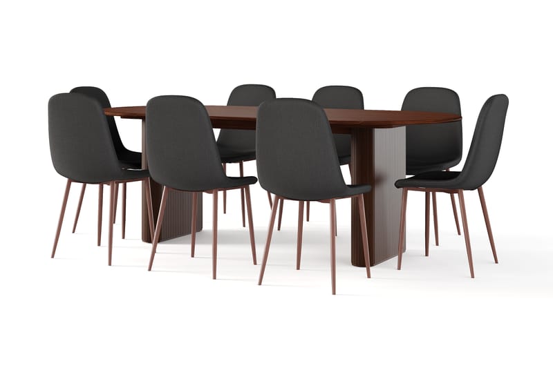 Noira Ovalt Matbord 220 cm Valnöt +  8 st Nibe stol svart med valnöt ben, Brun/Sort