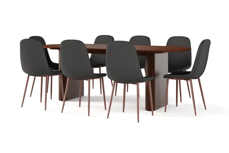 Noira Ovalt Matbord 220 cm Valnöt +  8 st Nibe stol svart med valnöt ben - Brun/Sort - Møbler - Borde - Spisebordssæt