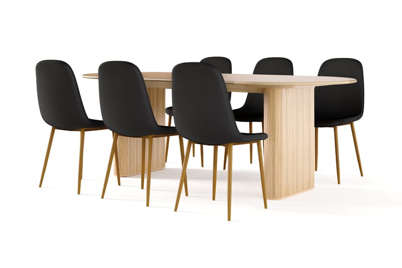 Noira Ovalt Spisebord 220 cm Eg + 6 stk Nibe stol sort med egetræben, Natur/Sort