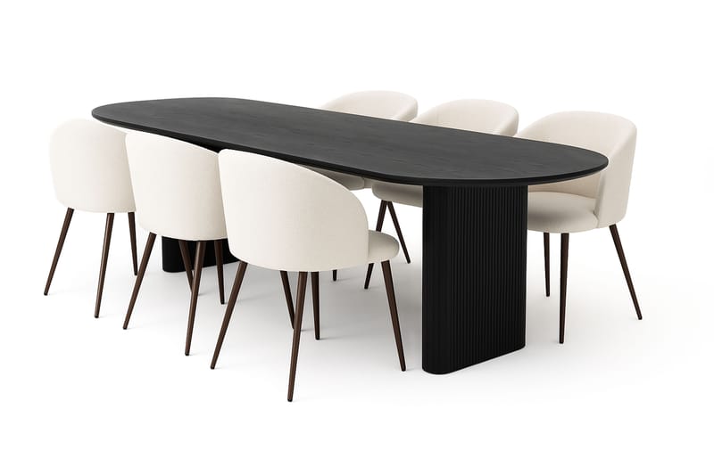 Noira Ovalt Spisebord 220 cm med 6 Greya Spisestole med armlæn, Sort / Hvid Bouclé / Metalben Valnød
