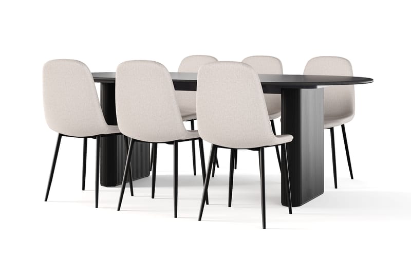 Noira Ovalt Spisebord 220 cm Sort + 6 stk Nibe stol beige med sorte ben, Sort/Beige