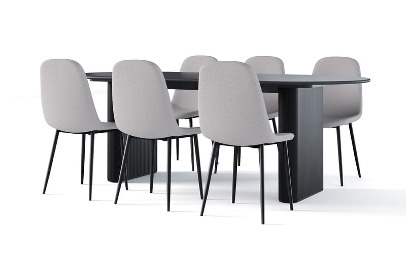 Noira Ovalt Spisebord 220 cm Sort + 6 stk Nibe stol grå med sorte ben, Sort/Grå