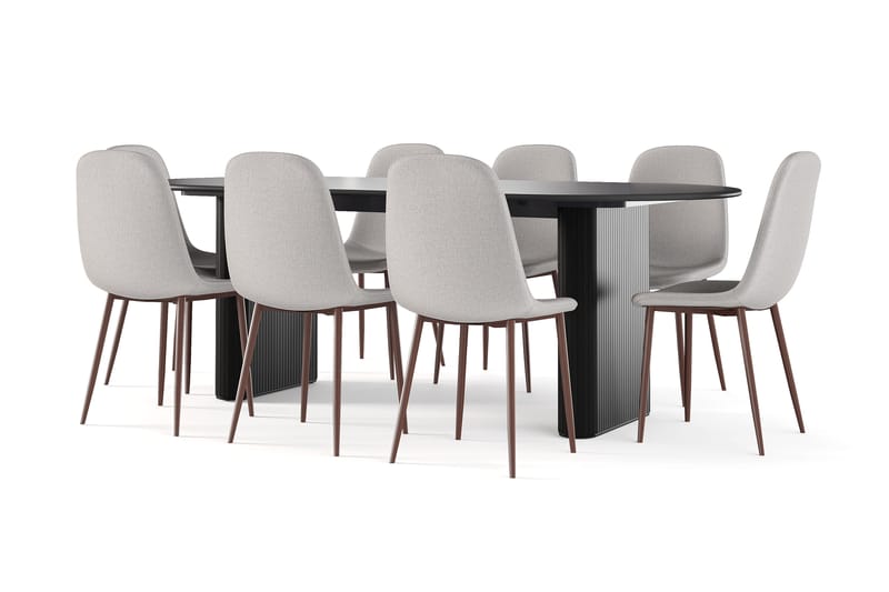 Noira Ovalt Spisebord 220 cm Sort + 8 stk Nibe stol beige med valnøddeben, Sort/Beige