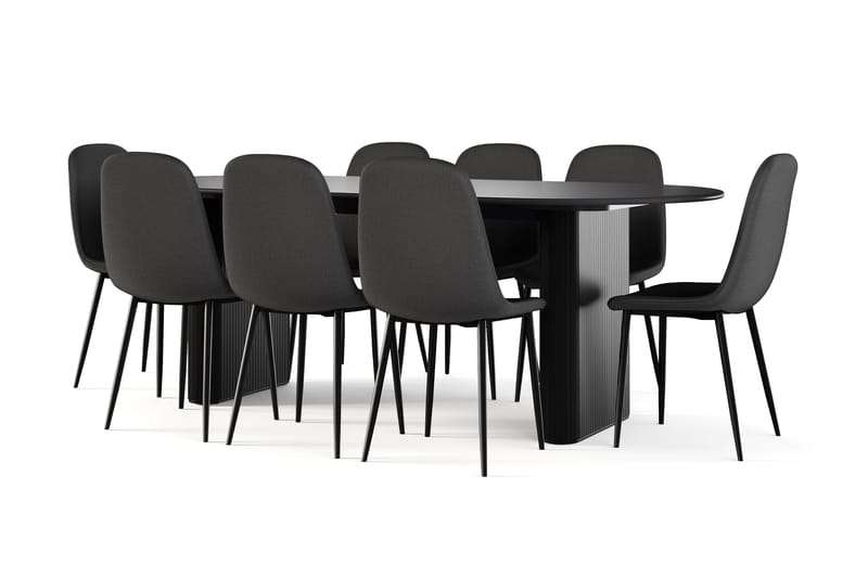 Noira Ovalt Spisebord 220 cm Sort + 8 stk Nibe stol sort med sorte ben, Sort