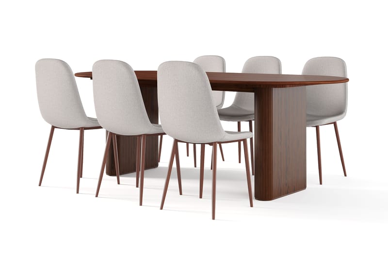 Noira Ovalt Spisebord 220 cm Valnød + 6 stk Nibe stol beige med valnøddeben, Brun/Beige