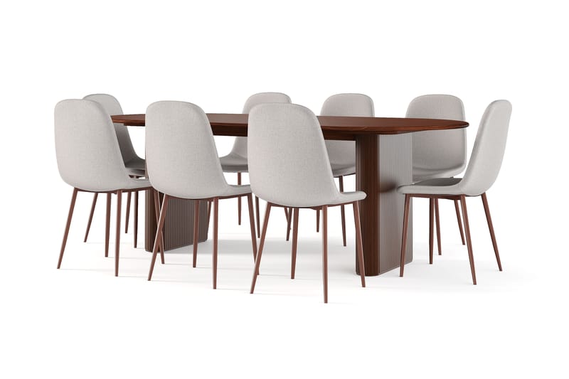 Noira Ovalt Spisebord 220 cm Valnød + 8 stk Nibe stol beige med valnøddeben, Brun/Beige