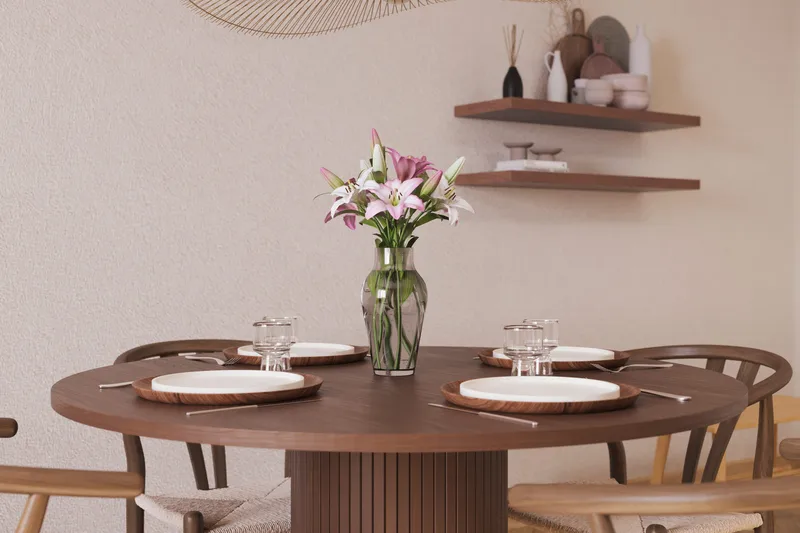 Noira Rund Matgrupp 120 cm Runt matbord med 4 Dastoori Matstolar - Brun / Beige / Valnød - Møbler - Borde - Spisebordssæt