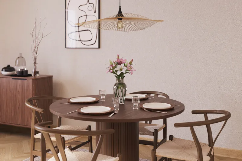 Noira Rund Matgrupp 120 cm Runt matbord med 4 Dastoori Matstolar - Brun / Beige / Valnød - Møbler - Borde - Spisebordssæt