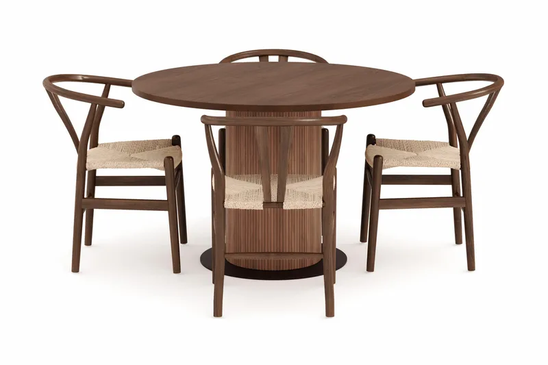 Noira Rund Matgrupp 120 cm Runt matbord med 4 Dastoori Matstolar - Brun / Beige / Valnød - Møbler - Borde - Spisebordssæt