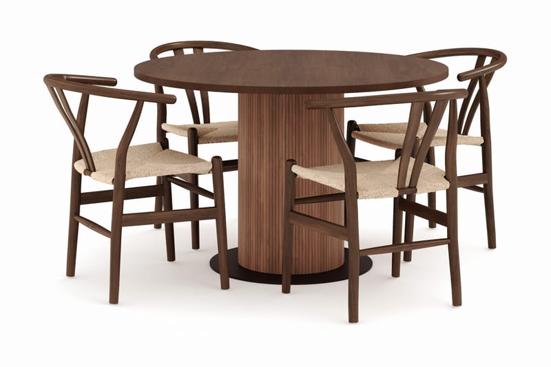 Noira Rund Matgrupp 120 cm Runt matbord med 4 Dastoori Matstolar, Brun / Beige / Valnød