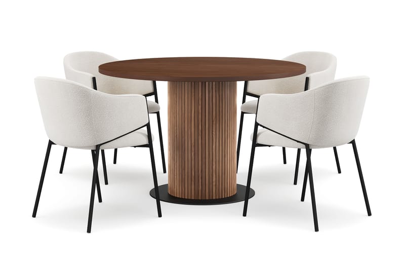 Noira Rundt Lille Spisebord Massiv Valnød 120 cm med 4 Filip Spisestole, Brun / Hvid Bouclé