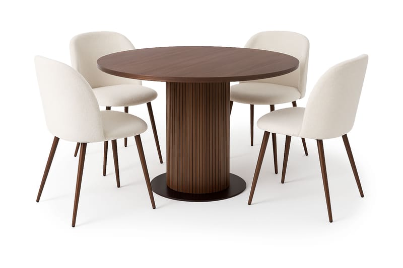 Noira Rundt Lille Spisebord Massiv Valnød 120 cm med 4 Greya Spisestole med armlæn, Brun / Hvid Bouclé / Metalben Valnød