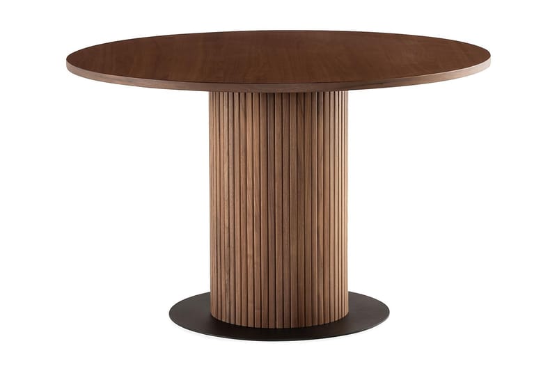 Noira Rundt Lille Spisebord Massiv Valnød 120 cm med 4 Katy Spisestole - Brun / Greige Bouclé / Metalben Sort - Møbler - Borde - Spisebordssæt
