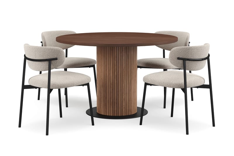 Noira Rundt Lille Spisebord Massiv Valnød 120 cm med 4 Lucy Spisestole, Brun / Greige Bouclé / Metalben Sort