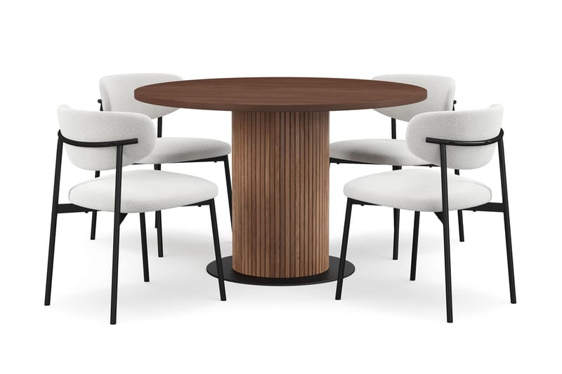 Noira Rundt Lille Spisebord Massiv Valnød 120 cm med 4 Lucy Spisestole, Brun / Hvid Bouclé / Metalben Sort